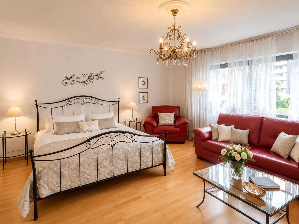 Erholungs Apartment - Schlafzimmer mit Metallbett, Kleiderstange und gemütlicher Sitzecke