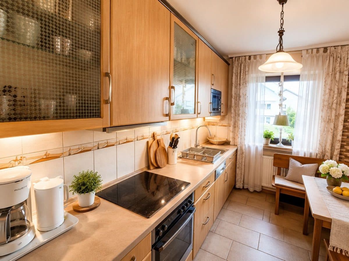 Erholungs Apartment - Voll ausgestattete Küche mit Backofen, Mikrowelle und Essplatz